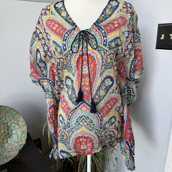 J. McLaughlin Delicate Lightweight Cotton Kaftan Tunic Blouse Boho Paisley XS-S - Picture 1 of 7